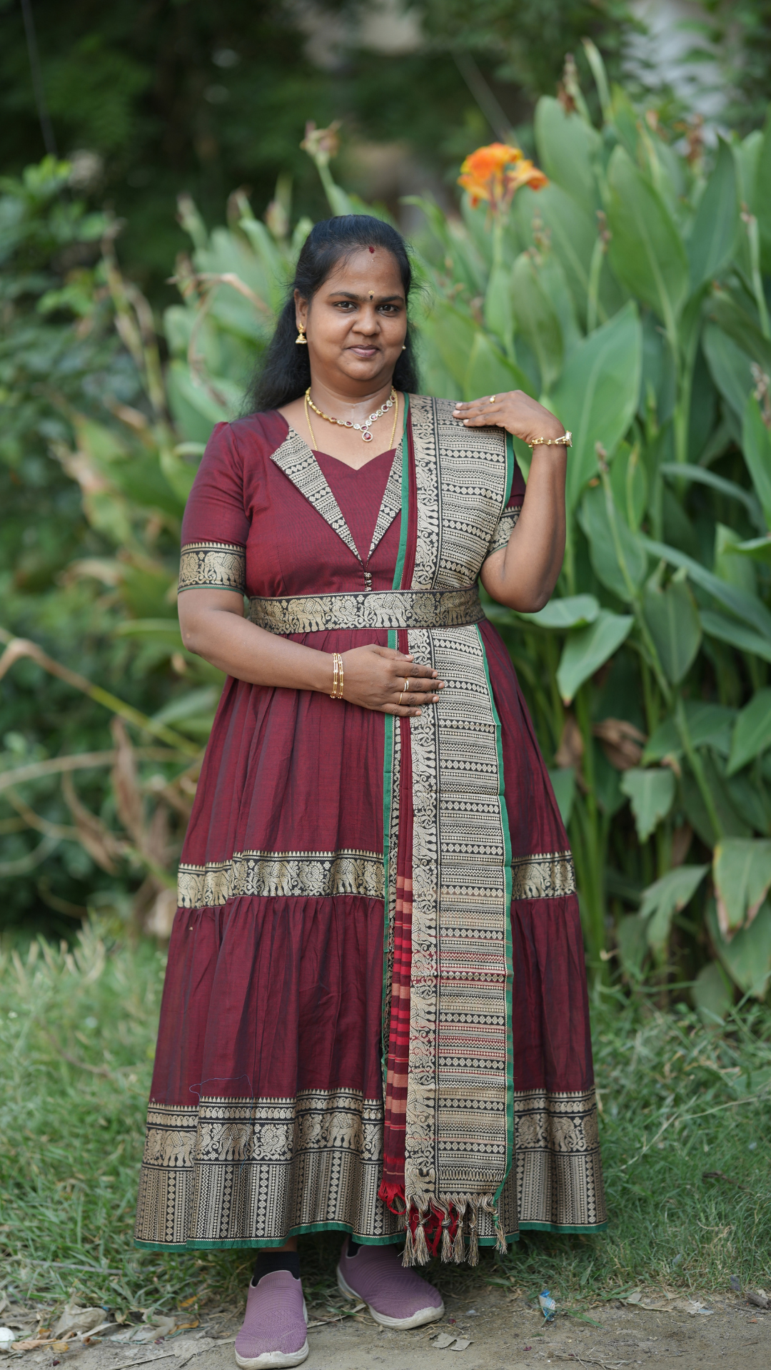 Maroon Narayanpet Maxi with Dupatta - Festive Edit