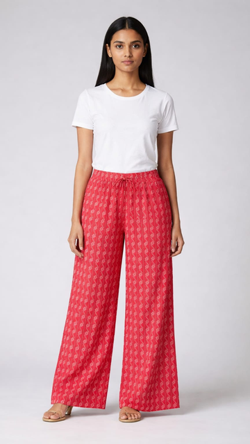 Red Cotton Printed Free Size Palazzo Pants