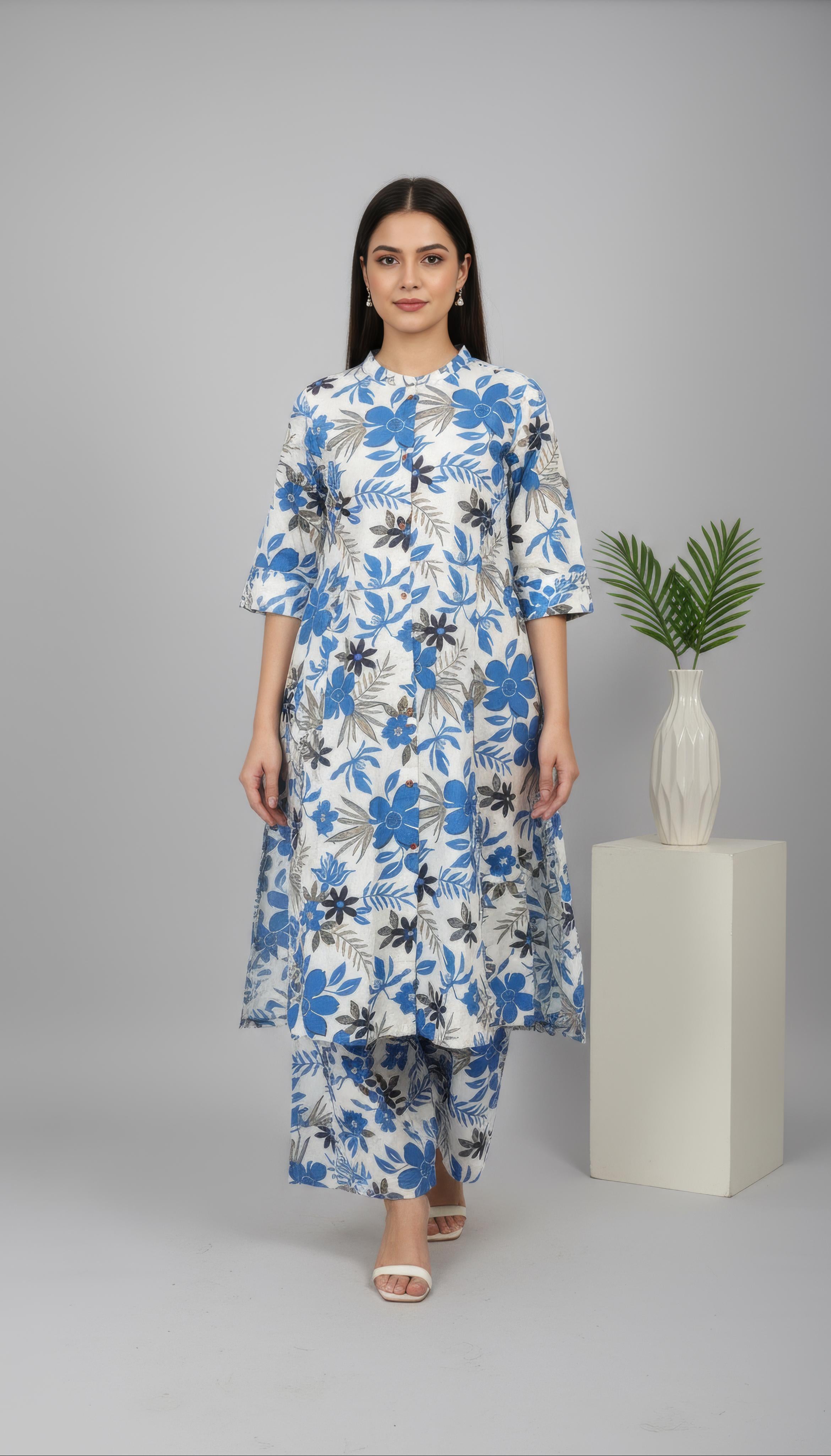 Blue Cotton Flex Aline Co-Ord Set for Women | Office & Daily Wear