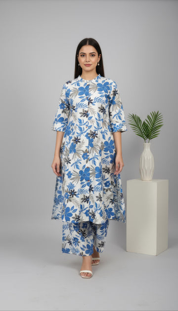 Blue Cotton Flex Aline Co-Ord Set for Women | Office & Daily Wear