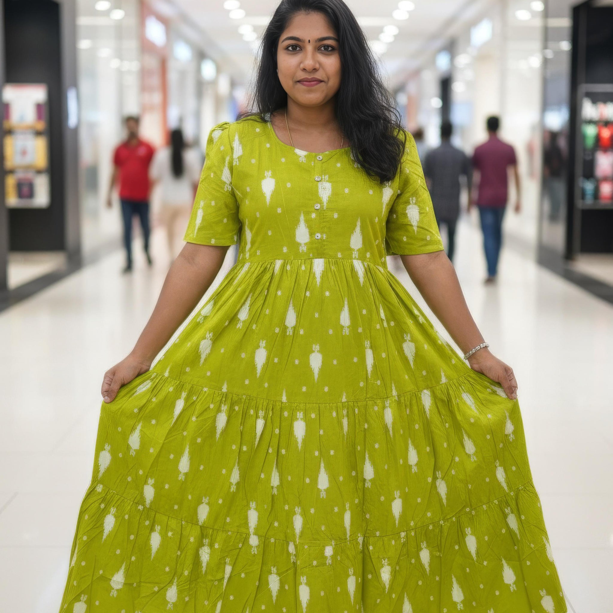 Leaf Green Hand Block Printed Cotton Maxi Dress