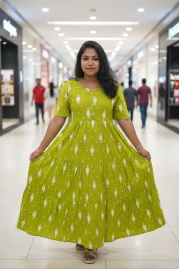 Leaf Green Hand Block Printed Cotton Maxi Dress