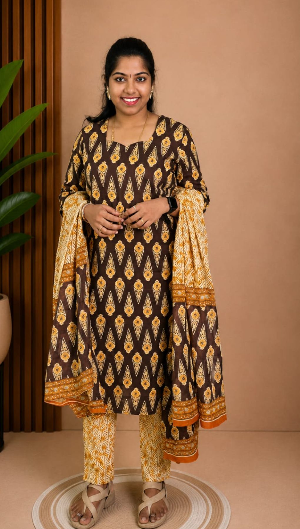 Coffee Brown Soft Printed Cotton 3 Piece Kurta Set With Lining for Women | Office & Daily Wear