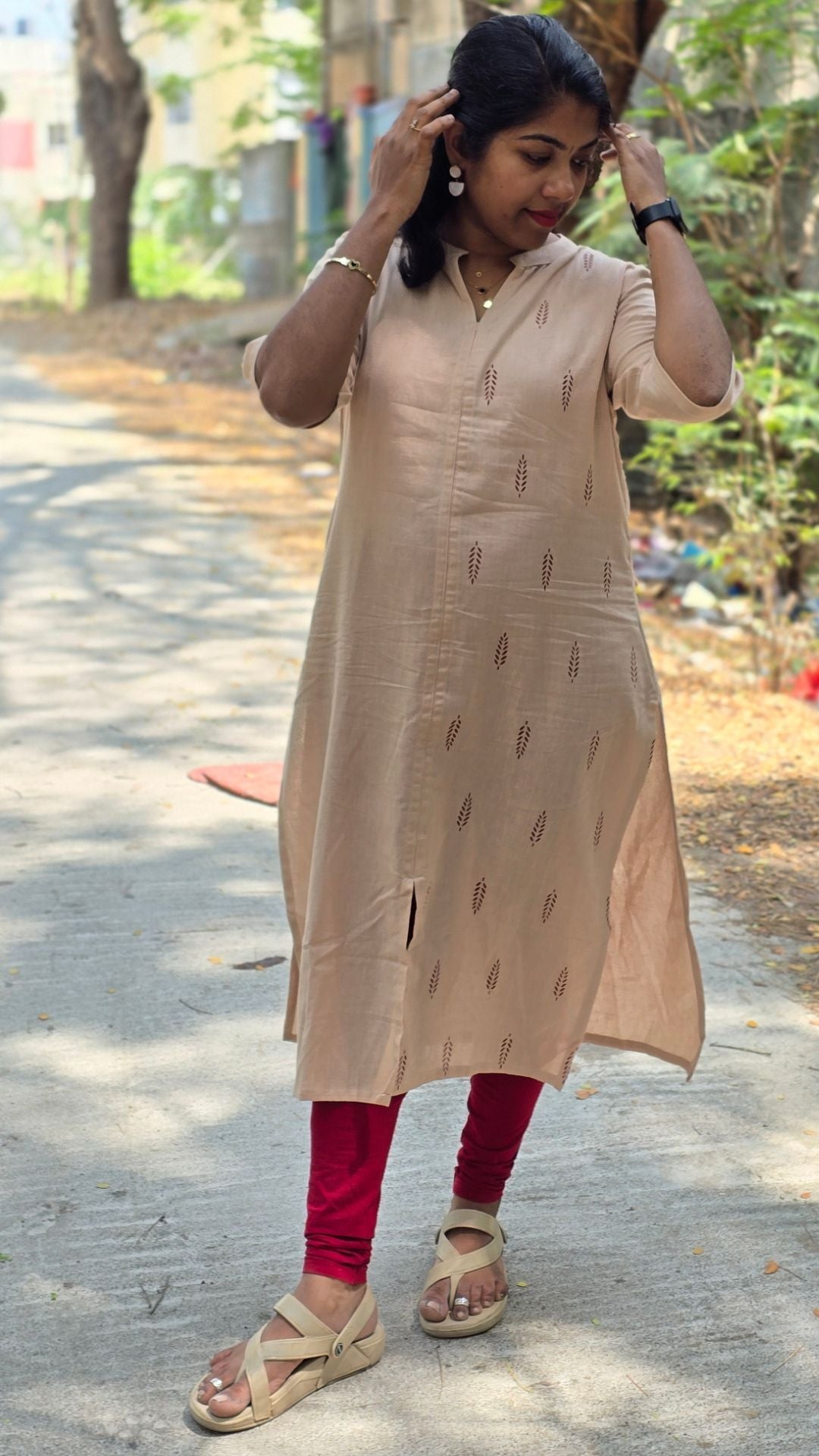 Beige Cotton Flex Kurti for Women | Half & Half Printed Straight Kurta with Mandarin Collar