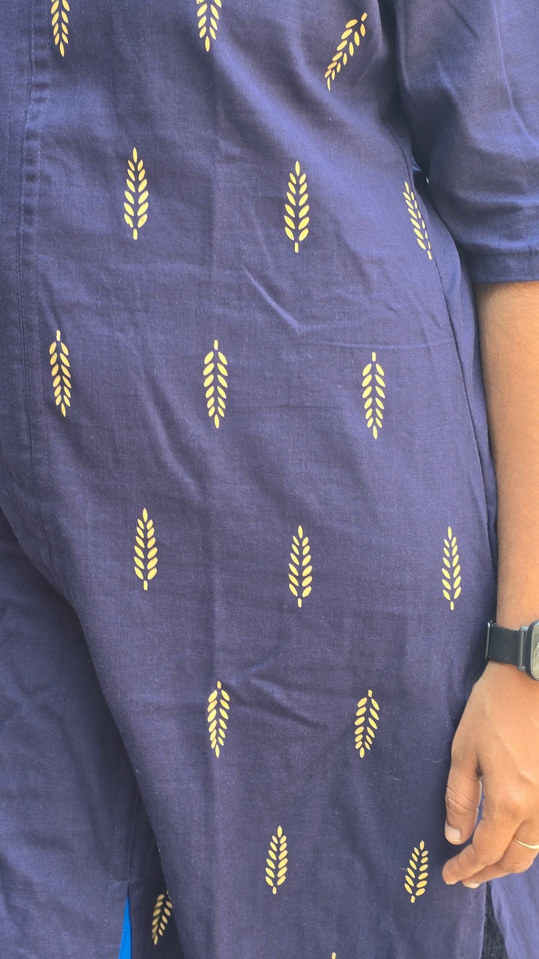 Navy Blue Cotton Flex Kurti for Women | Half & Half Printed Straight Kurta with Mandarin Collar