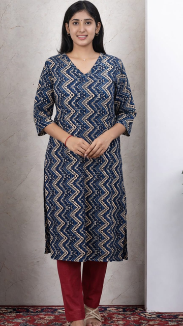 Navy Blue Printed Cotton Side Slit Kurta (Only Kurta)