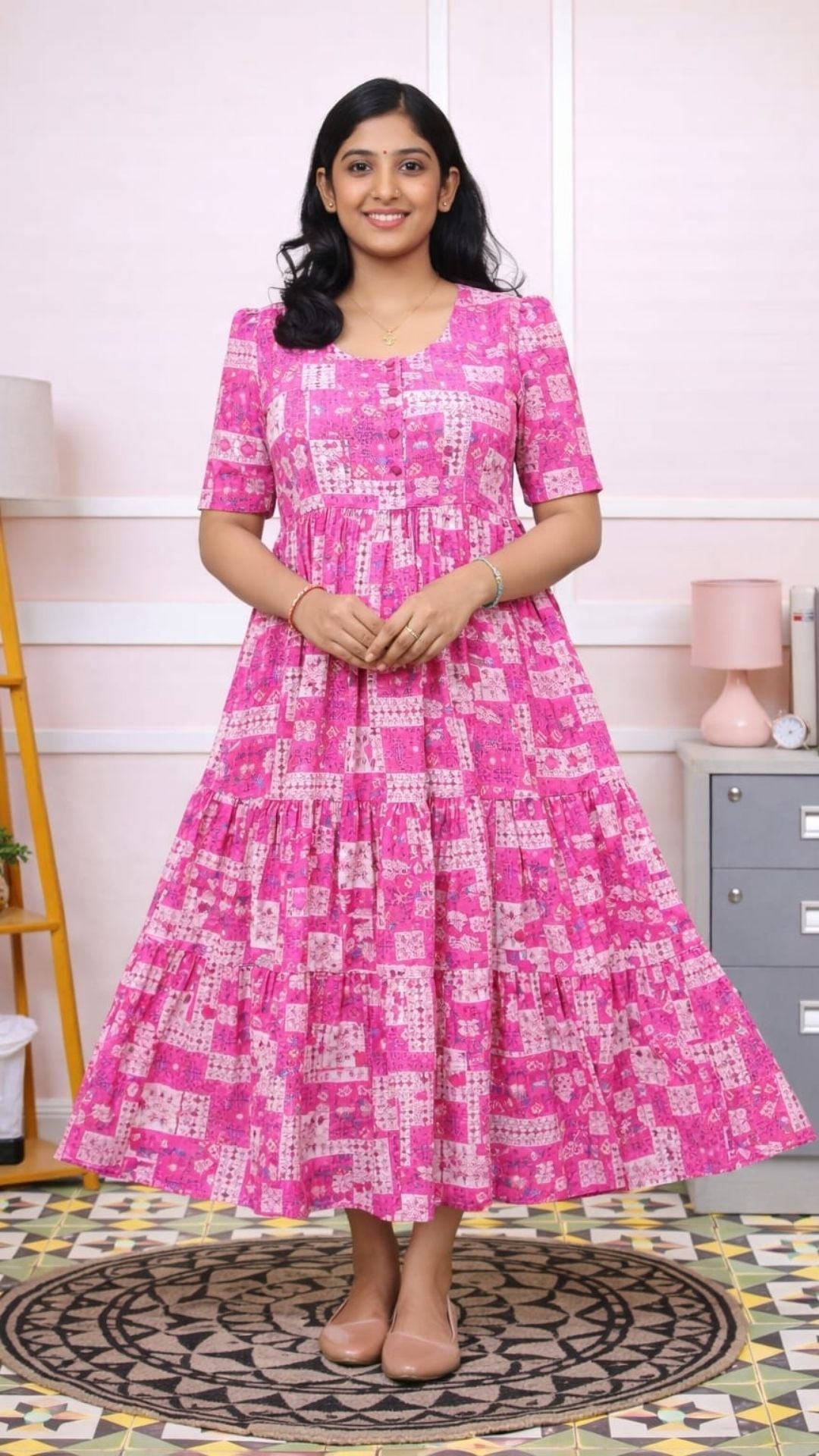 Pink Kantha Cotton Three Tier Maxi