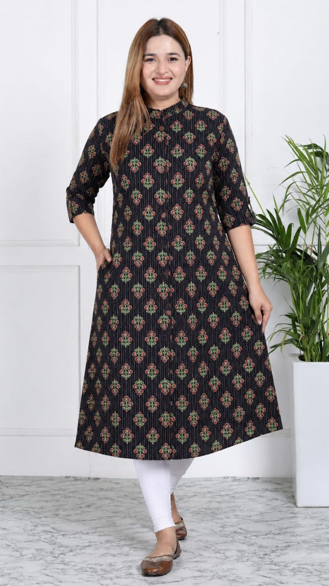 Black  Printed  Kantha Cotton Princess Cut Side Closed Kurta  (Only Kurta)