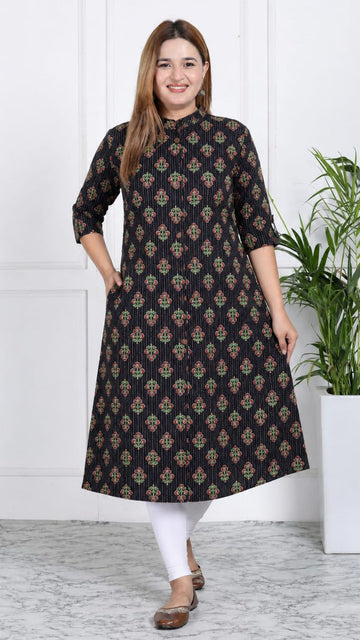 Black  Printed  Kantha Cotton Princess Cut Side Closed Kurta  (Only Kurta)