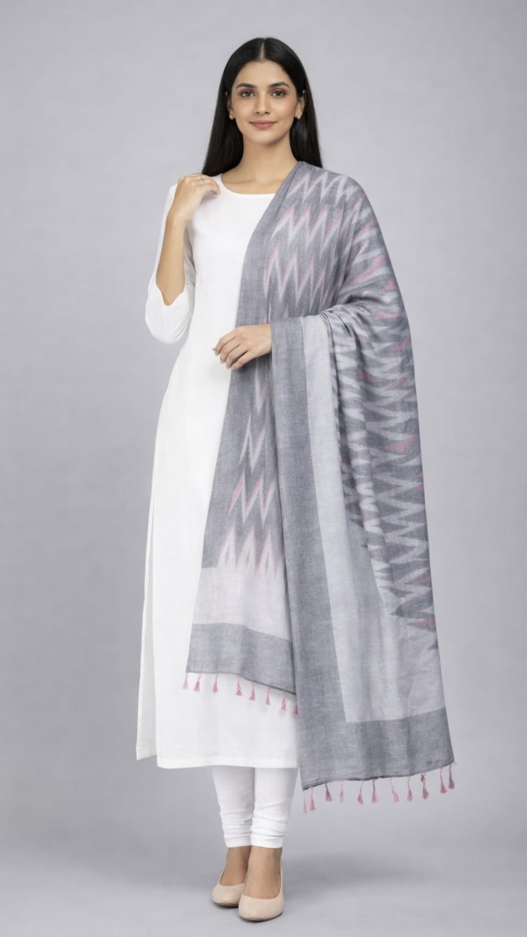 Grey with Pink Ikkat Dupatta - 2.5 Mtr