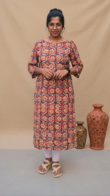 Red Kalamkari  Printed Cotton Side Slit Kurta (Only Kurta)