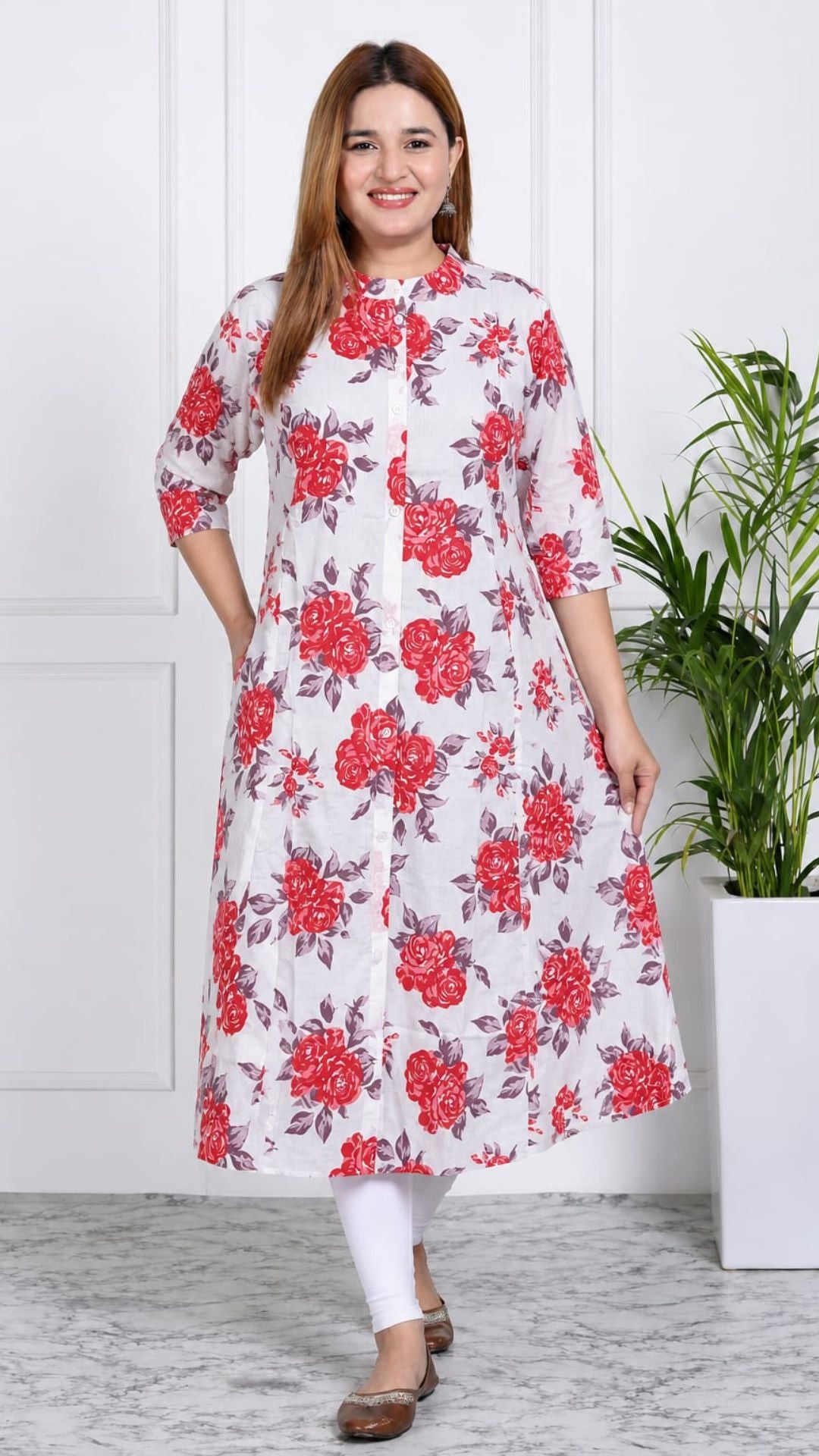 Half White Printed Cotton Princess Cut Side Closed Kurta  (Only Kurta)