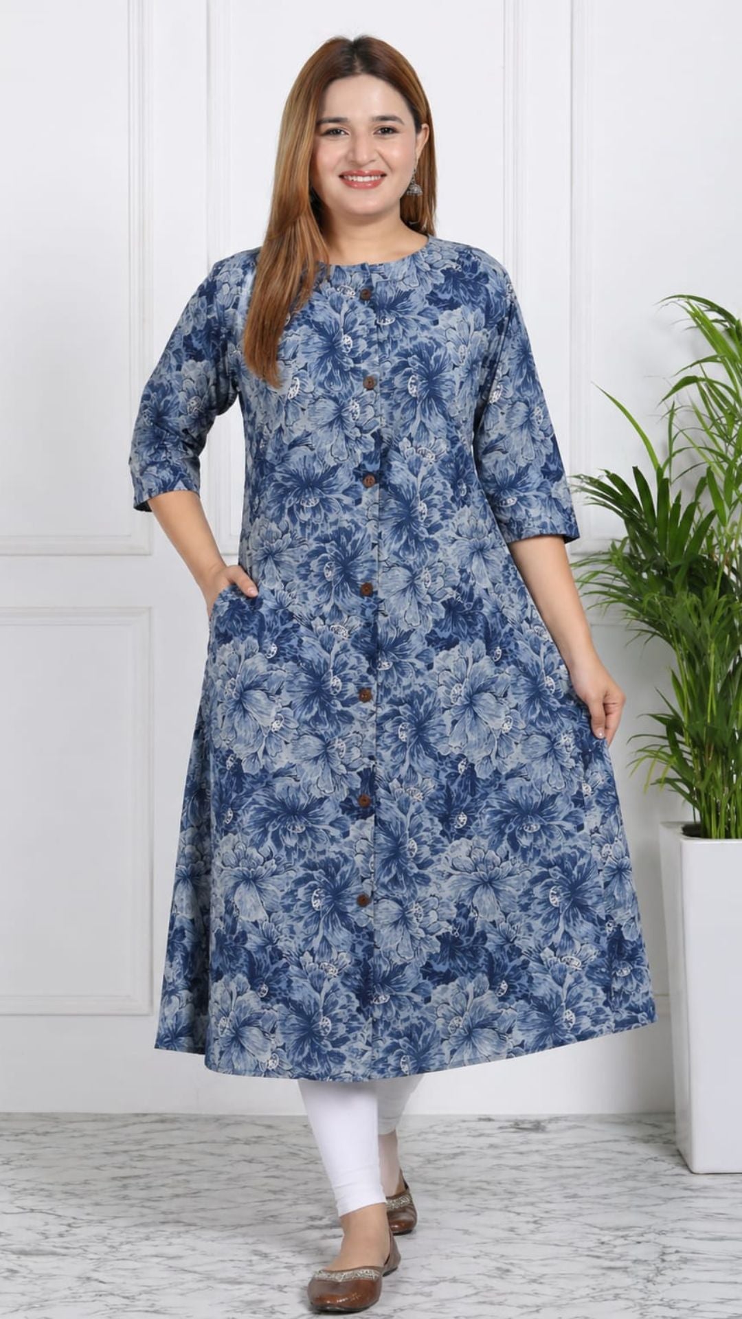 Blue  Printed Cotton Princess Cut Side Closed Kurta  (Only Kurta)