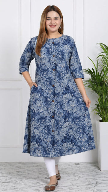 Blue  Printed Cotton Princess Cut Side Closed Kurta  (Only Kurta)