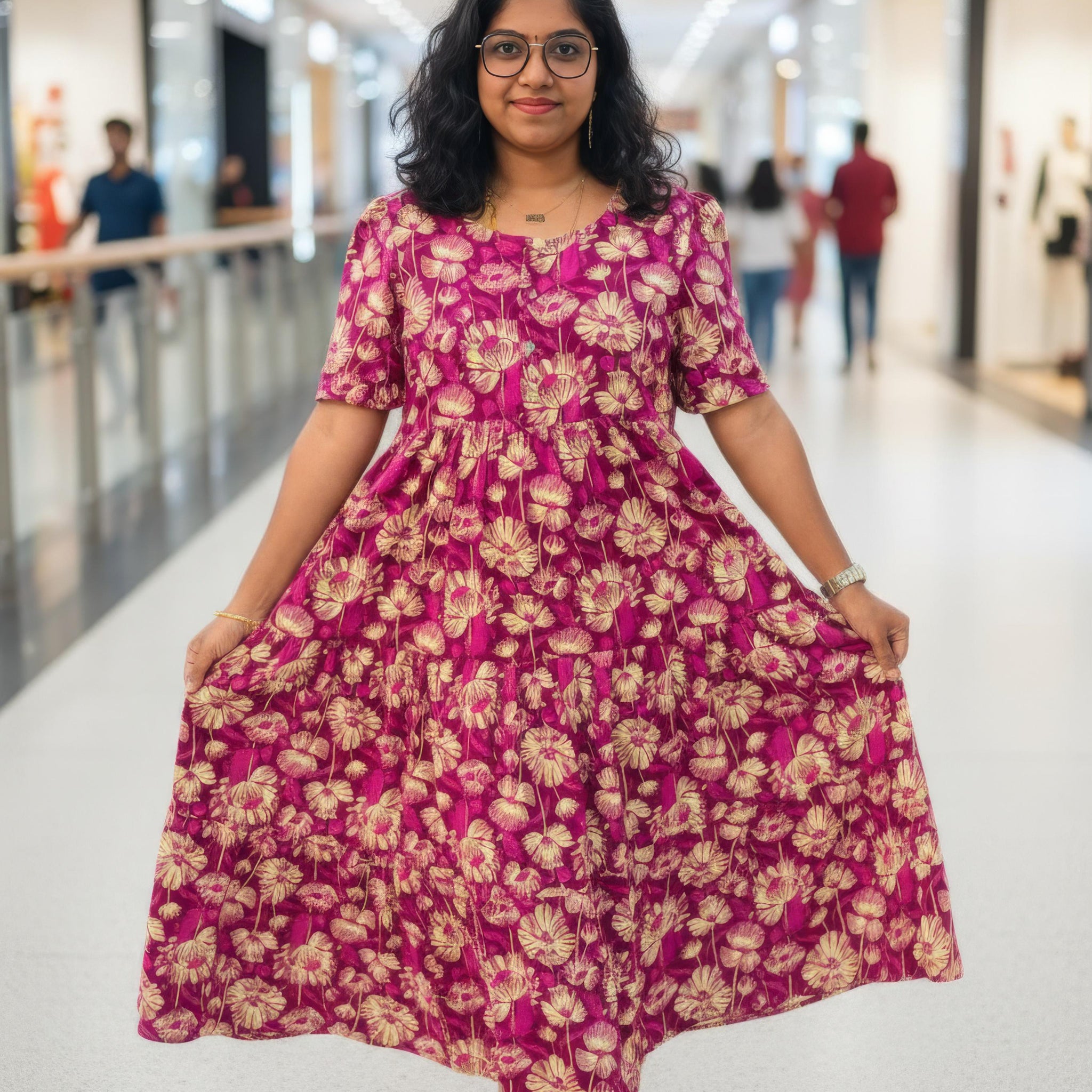 Magenta Hand Block Printed Cotton Maxi Dress