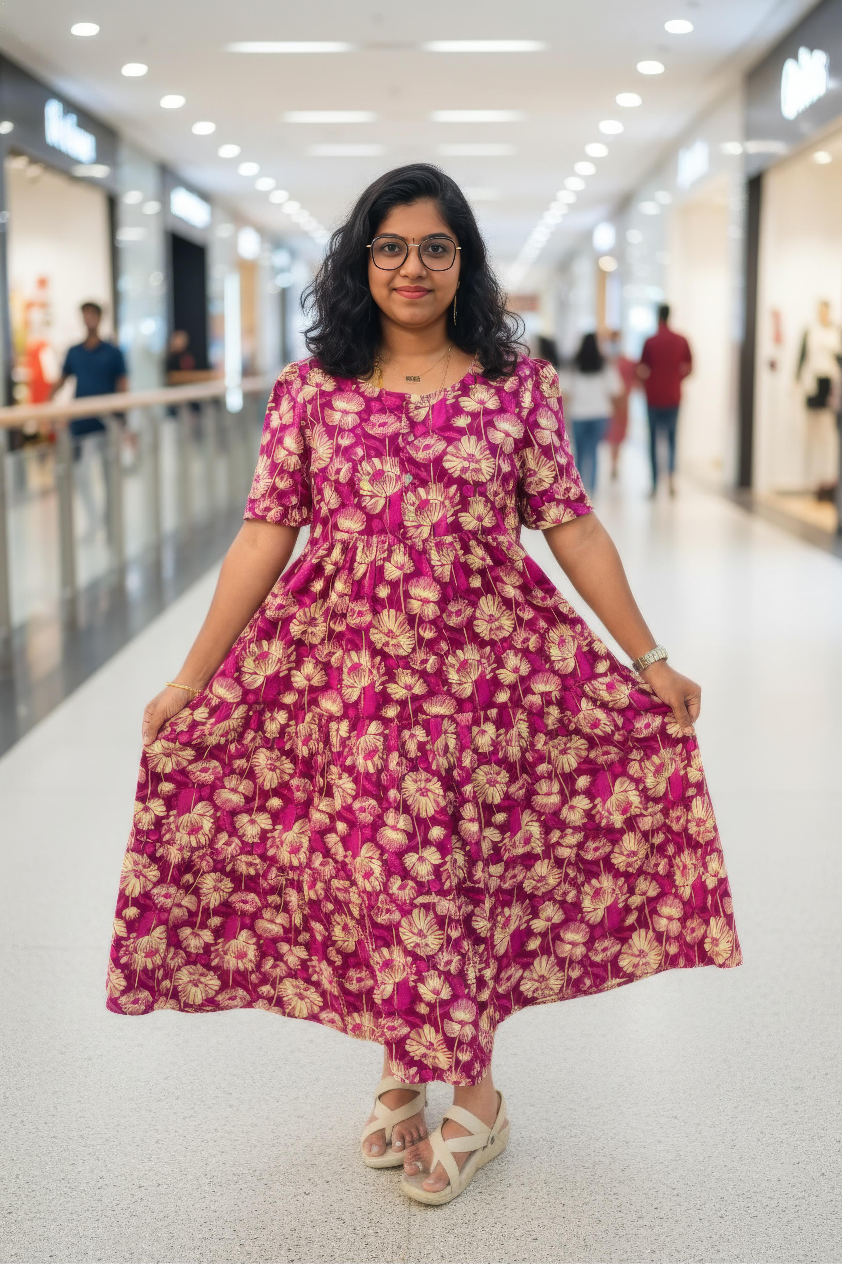 Magenta Hand Block Printed Cotton Maxi Dress