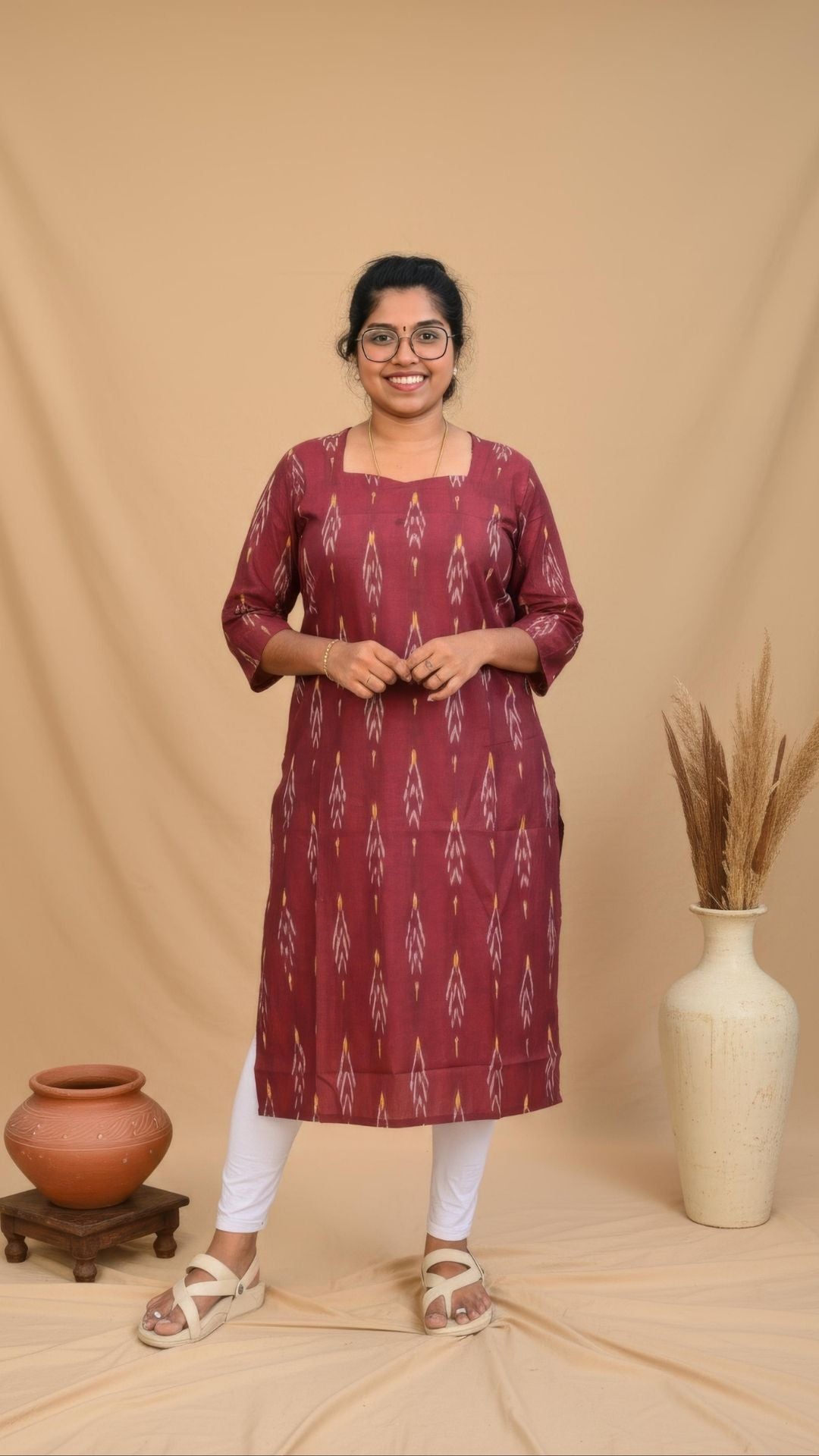 Brown Ikkat Cotton Side Slit Kurta (Only Kurta)