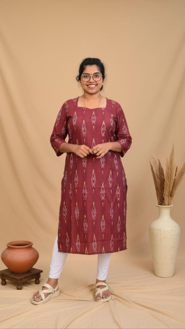 Brown Ikkat Cotton Side Slit Kurta (Only Kurta)