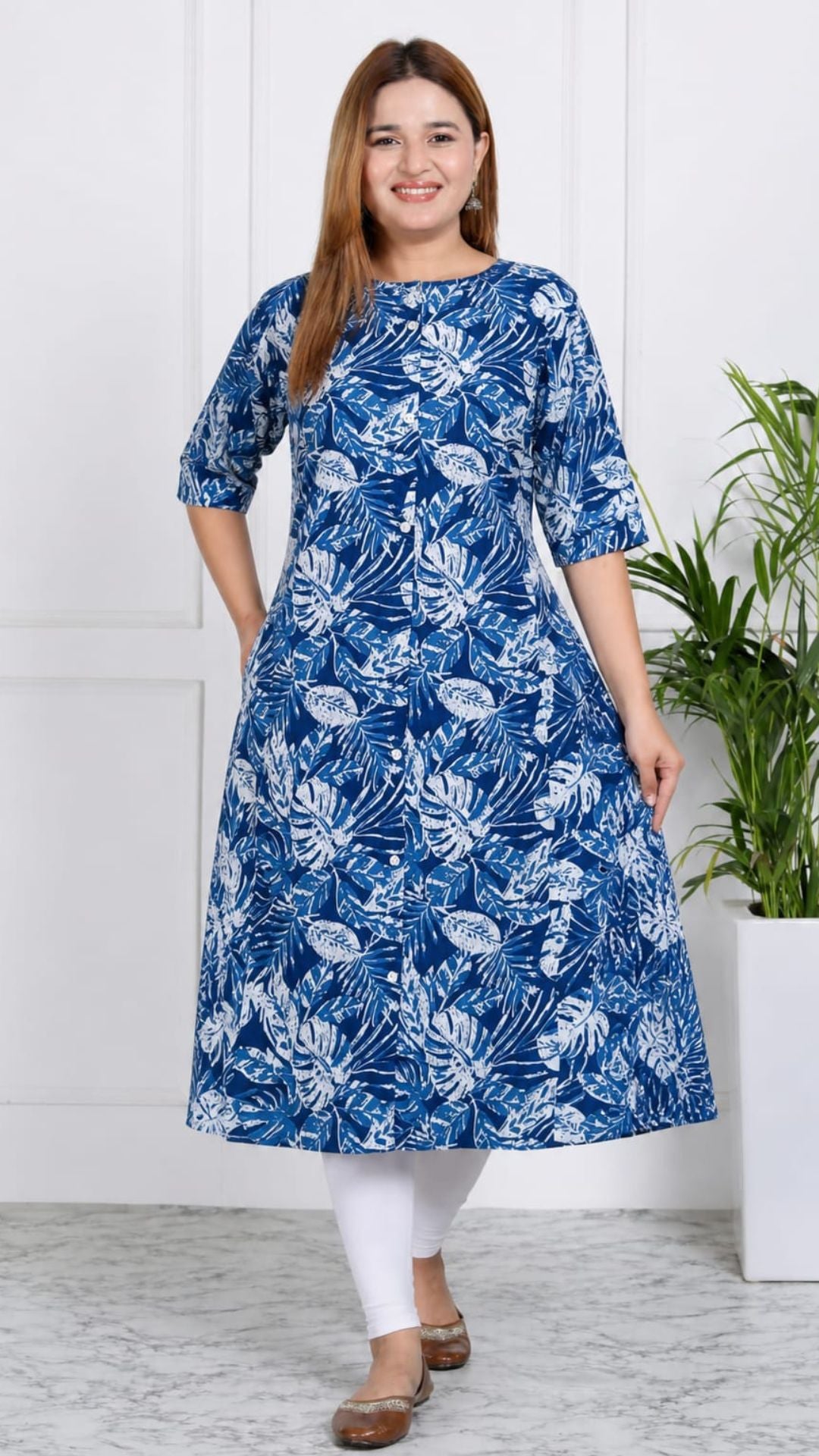 Blue Printed Cotton Princess Cut Side Closed Kurta  (Only Kurta)