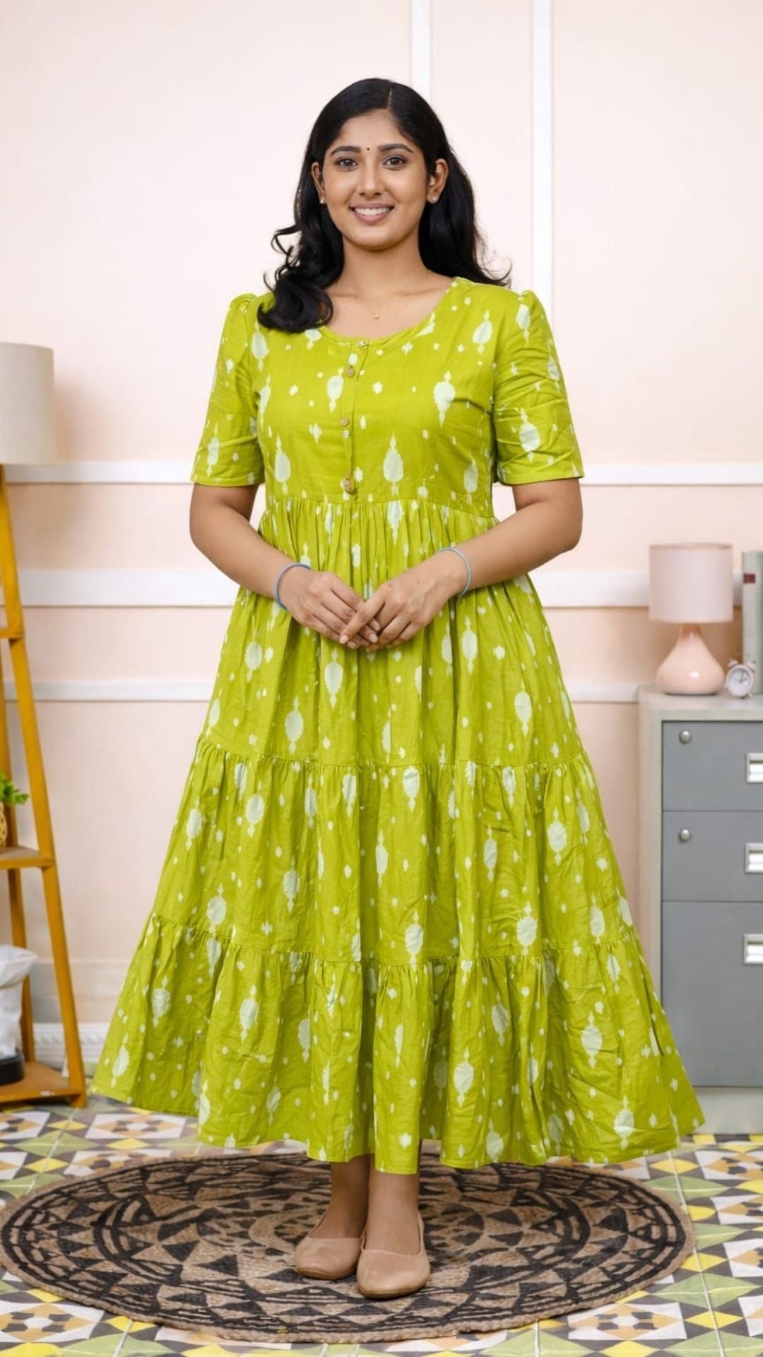 Green  Hand block Cotton Three Tier Maxi