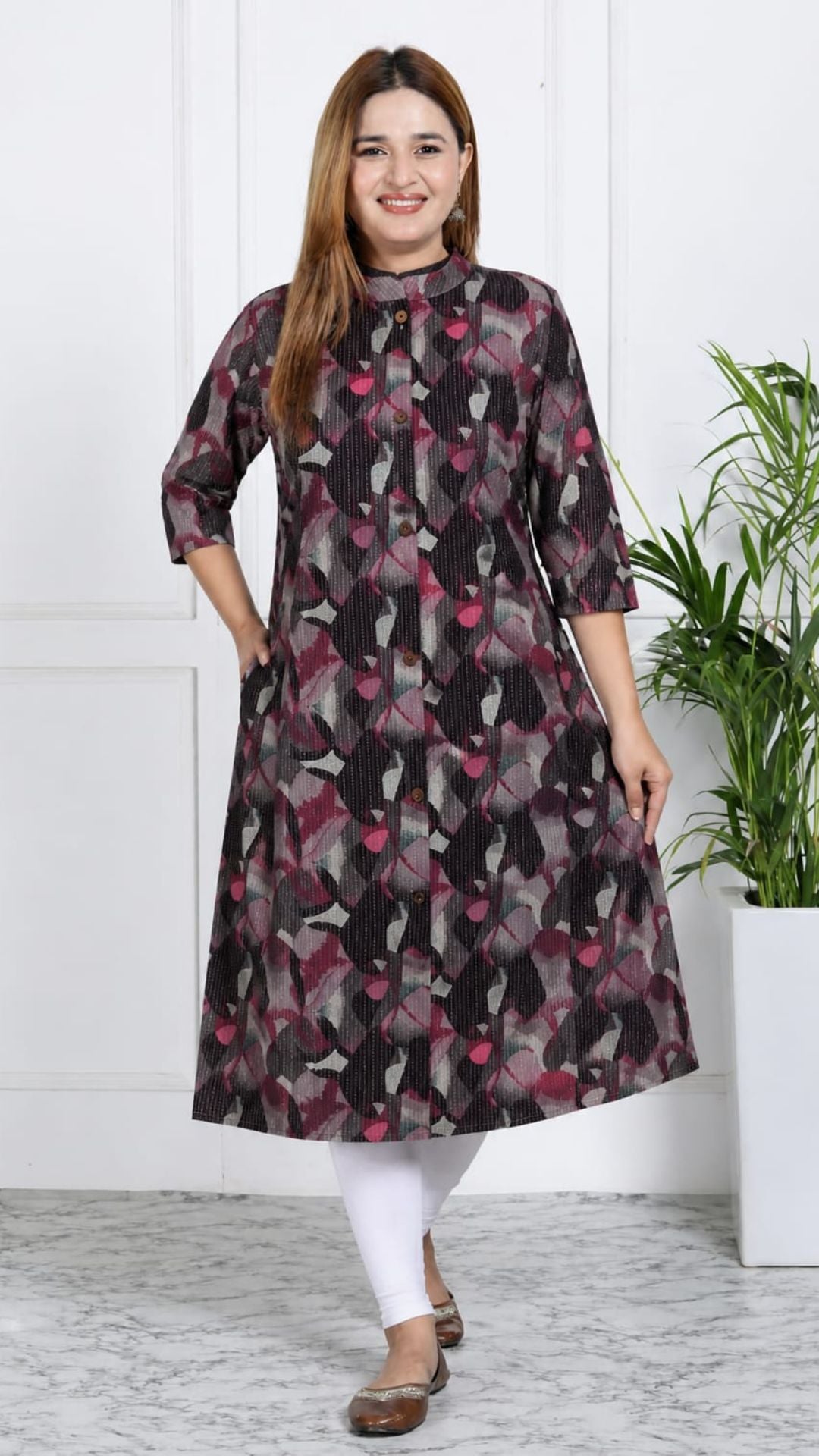 Black  Printed Kantha Cotton Princess Cut Side Closed Kurta  (Only Kurta)