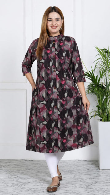 Black  Printed Kantha Cotton Princess Cut Side Closed Kurta  (Only Kurta)