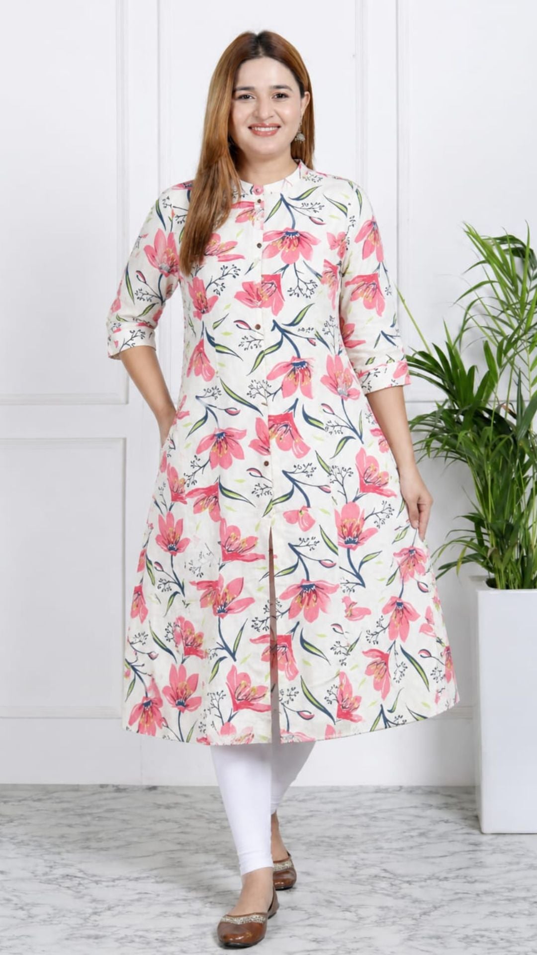 Half White Printed Cotton Princess Cut Side Closed Kurta  (Only Kurta)