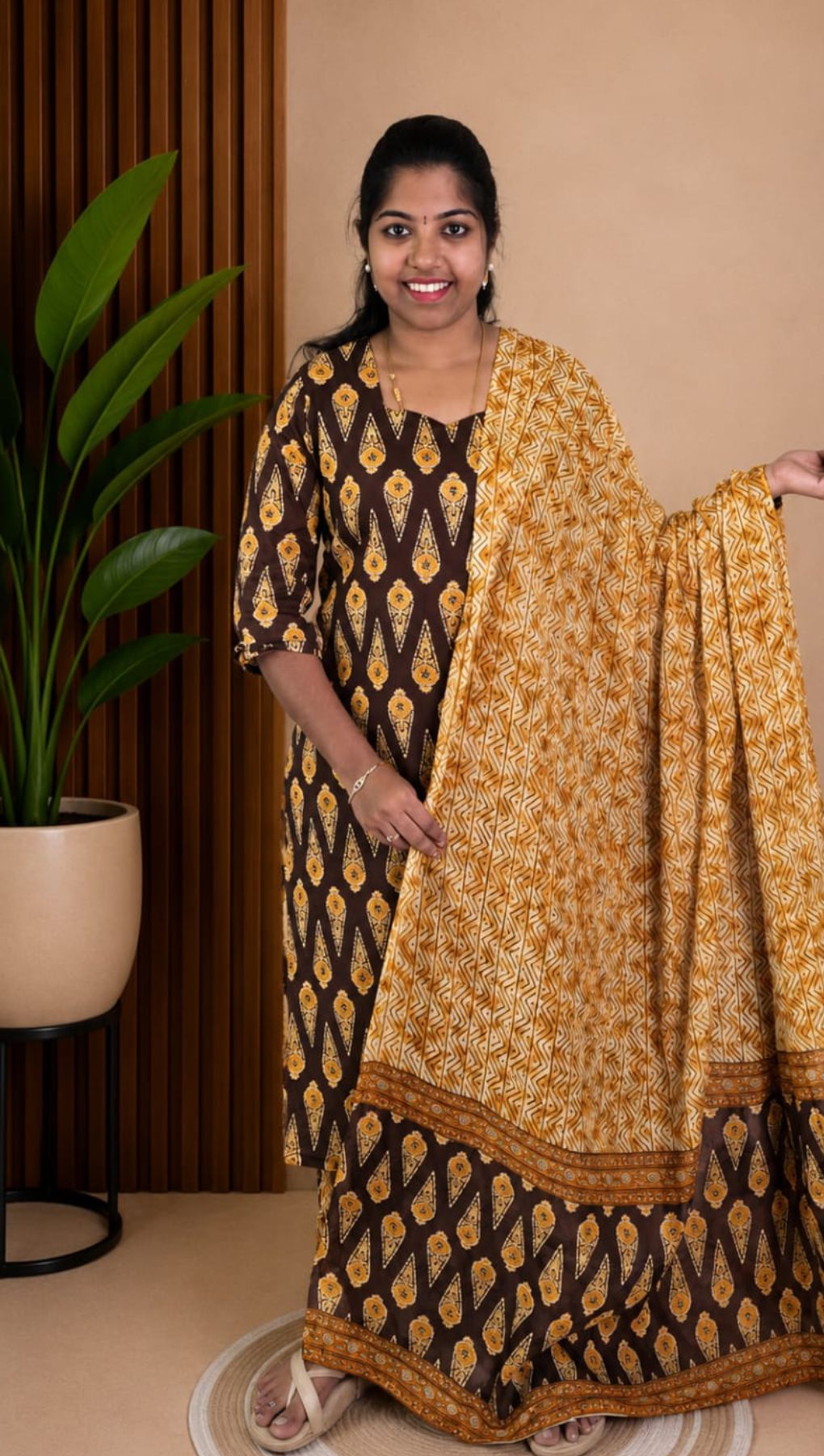 Coffee Brown Soft Printed Cotton 3 Piece Kurta Set With Lining for Women | Office & Daily Wear