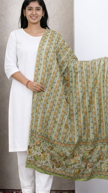 Green Cotton Printed Dupatta - 2.3 Mtr