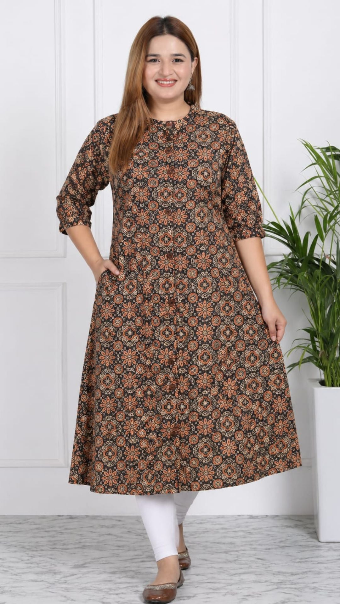 Grey Printed Cotton Princess Cut Side Closed Kurta  (Only Kurta)