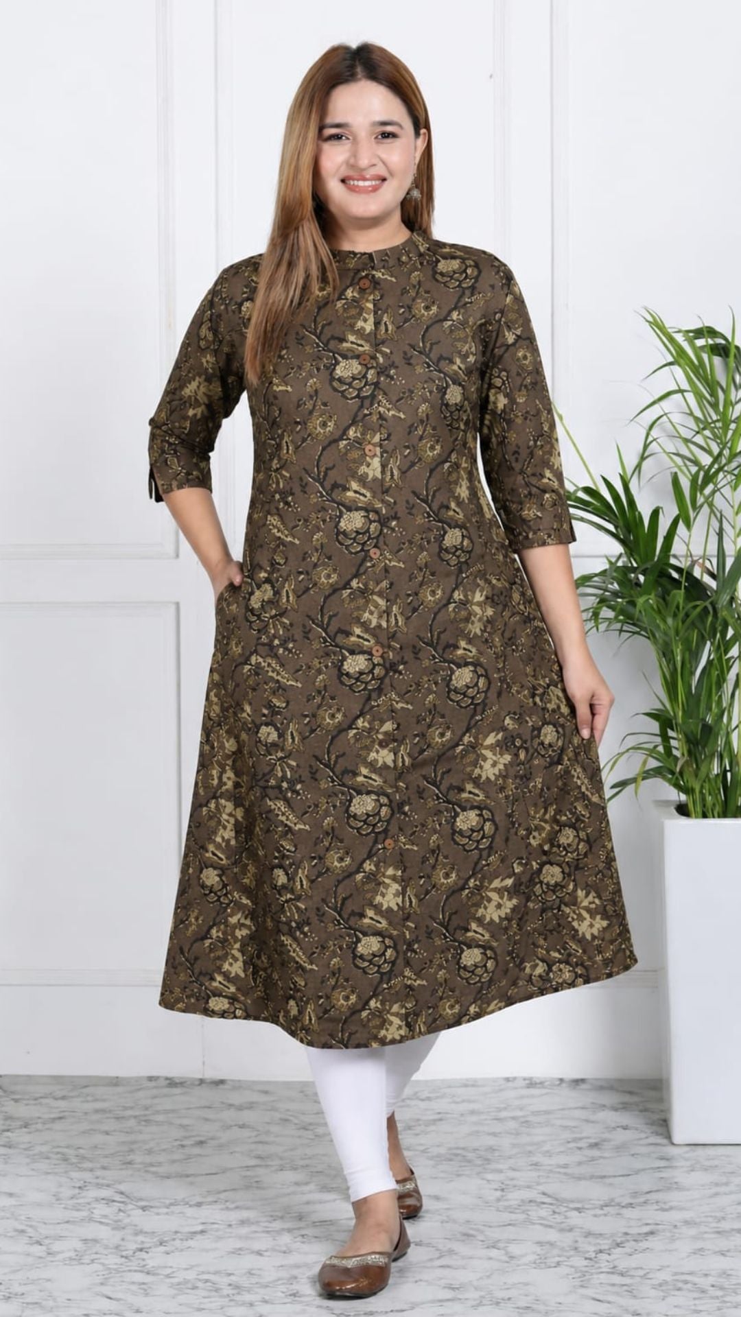 Mehndi Green Printed Cotton Princess Cut Side Closed Kurta  (Only Kurta)