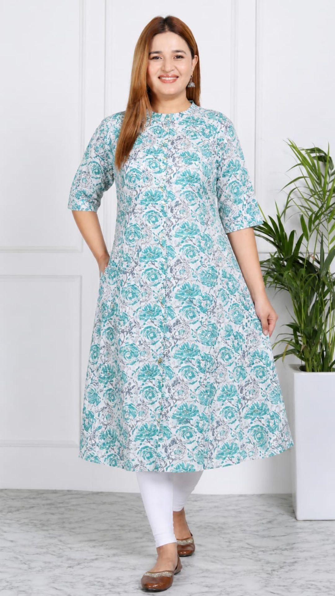 Green  Printed Cotton Princess Cut Side Closed Kurta  (Only Kurta)