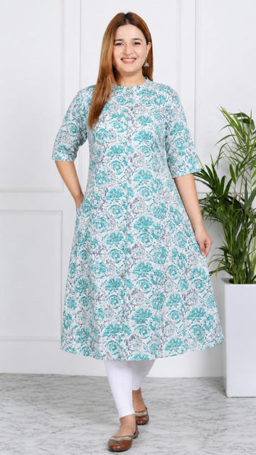Green  Printed Cotton Princess Cut Side Closed Kurta  (Only Kurta)