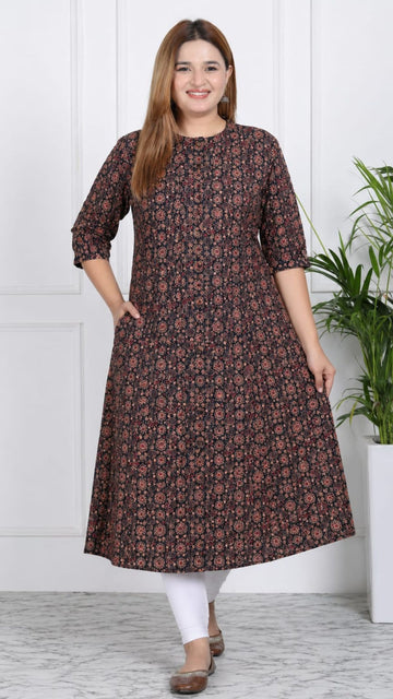 Black Printed Cotton Princess Cut Side Closed Kurta  (Only Kurta)