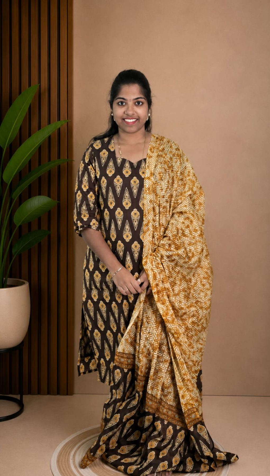 Coffee Brown Soft Printed Cotton 3 Piece Kurta Set With Lining for Women | Office & Daily Wear
