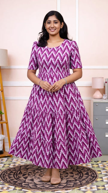 Purple Hand block Cotton Three Tier Maxi