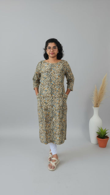 Mehandi Green Kalamkari  Printed Cotton Side Slit Kurta (Only Kurta)