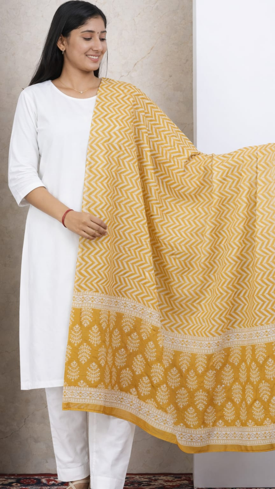 Yellow Cotton Printed Dupatta - 2.3 Mtr