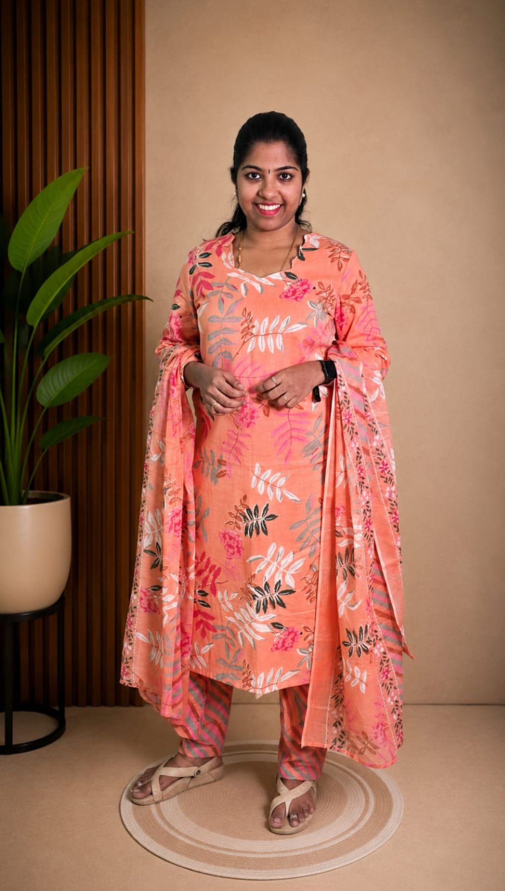 Light Peach Soft Printed Cotton 3 Piece Kurta Set With Lining for Women | Office & Daily Wear