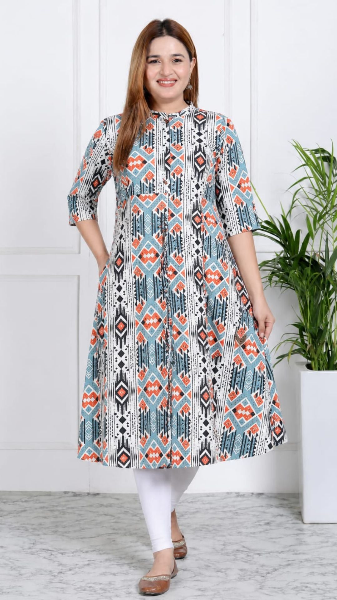 Green Printed Cotton Princess Cut Side Closed Kurta  (Only Kurta)