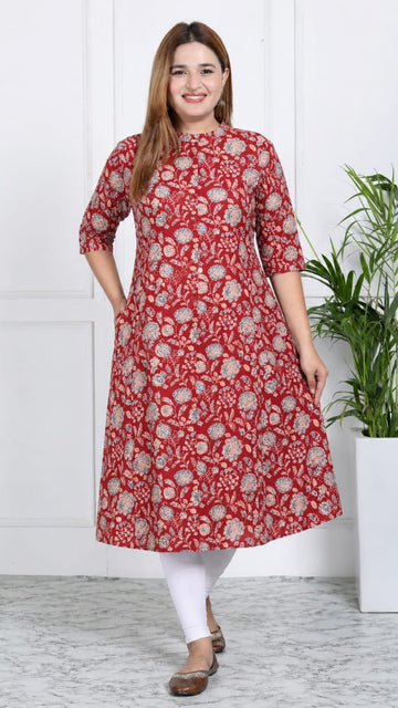 Red Printed Cotton Princess Cut Side Closed Kurta  (Only Kurta)