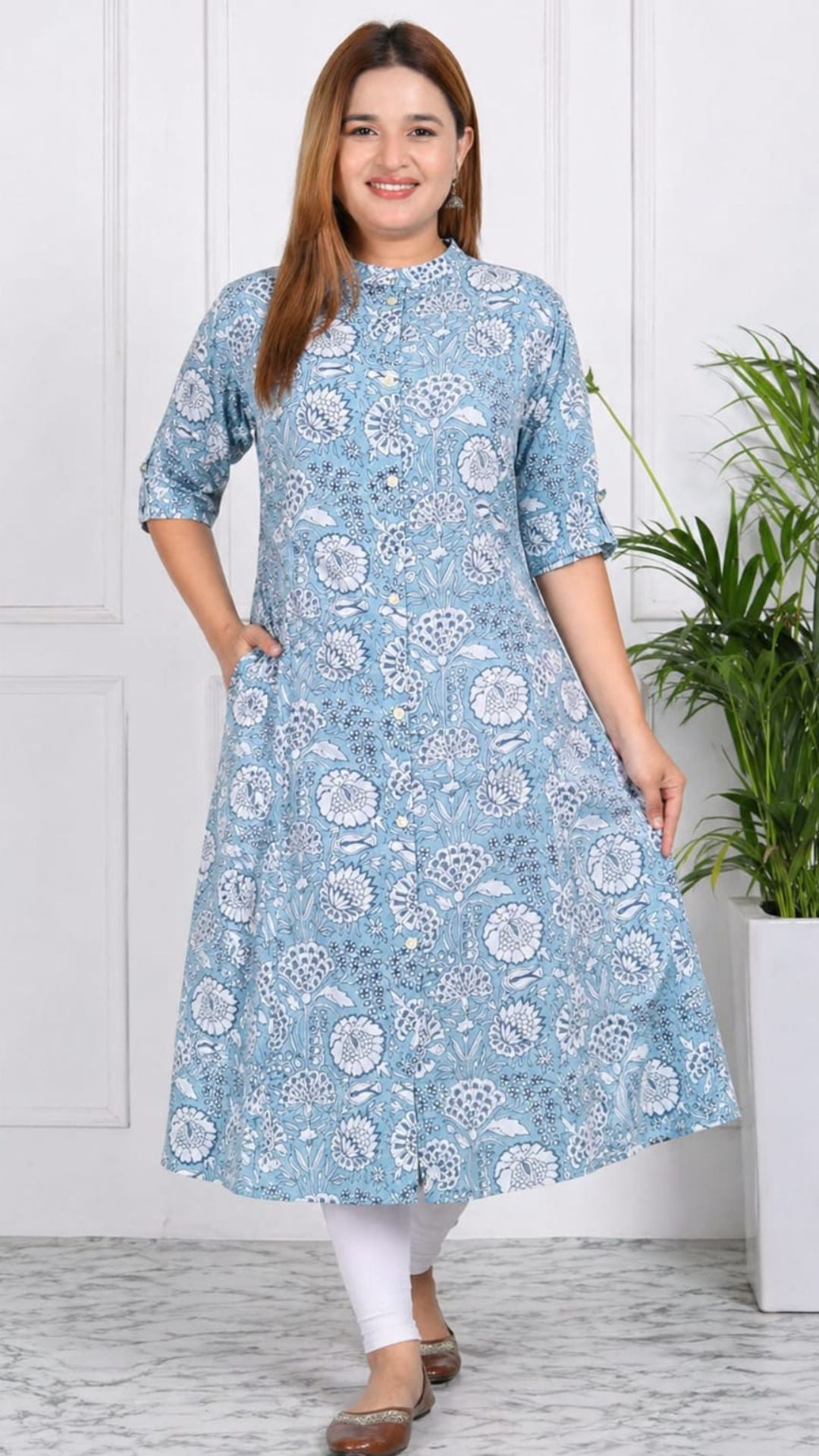 Blue Printed Cotton Princess Cut Side Closed Kurta  (Only Kurta)