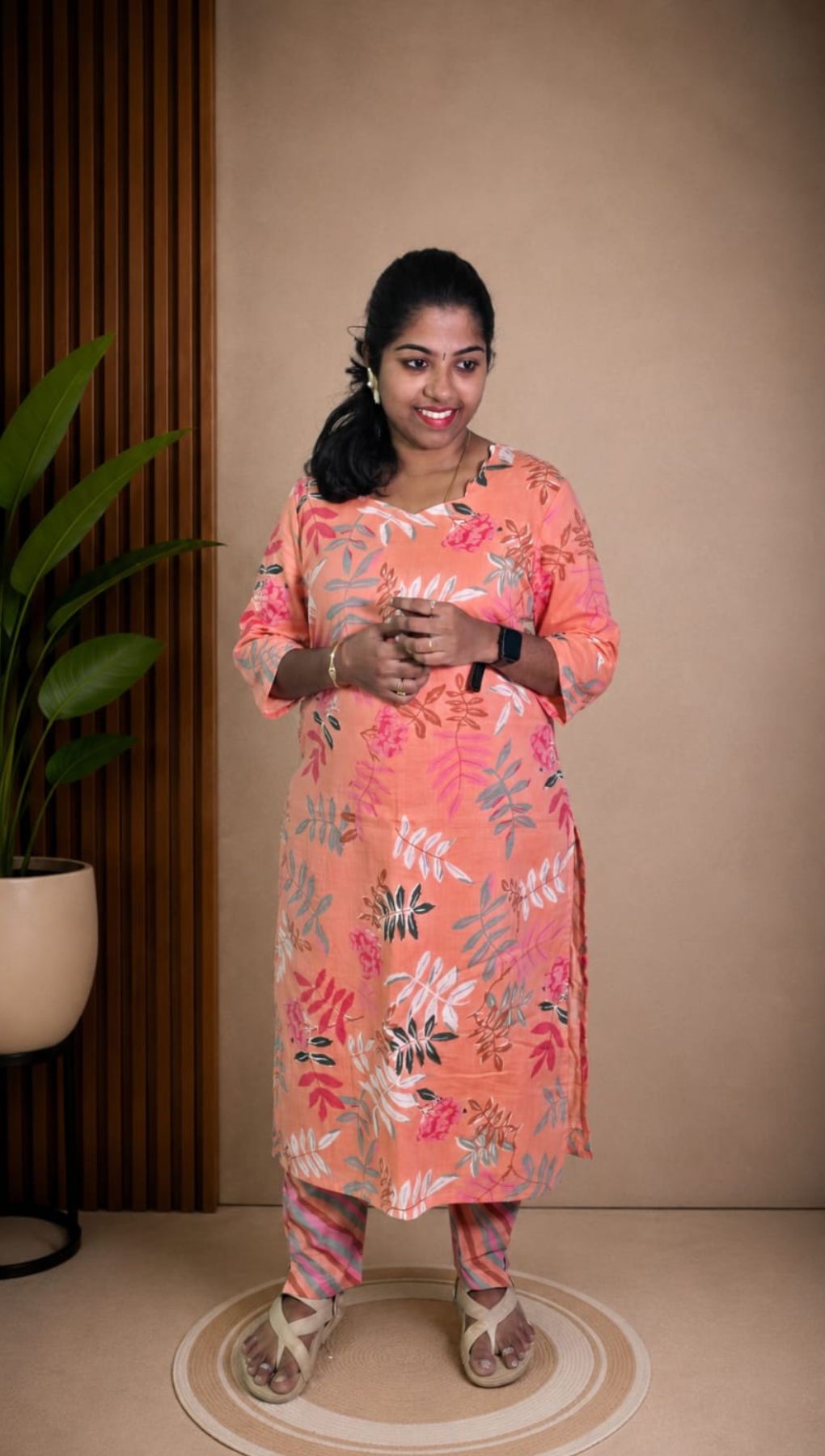 Light Peach Soft Printed Cotton 3 Piece Kurta Set With Lining for Women | Office & Daily Wear