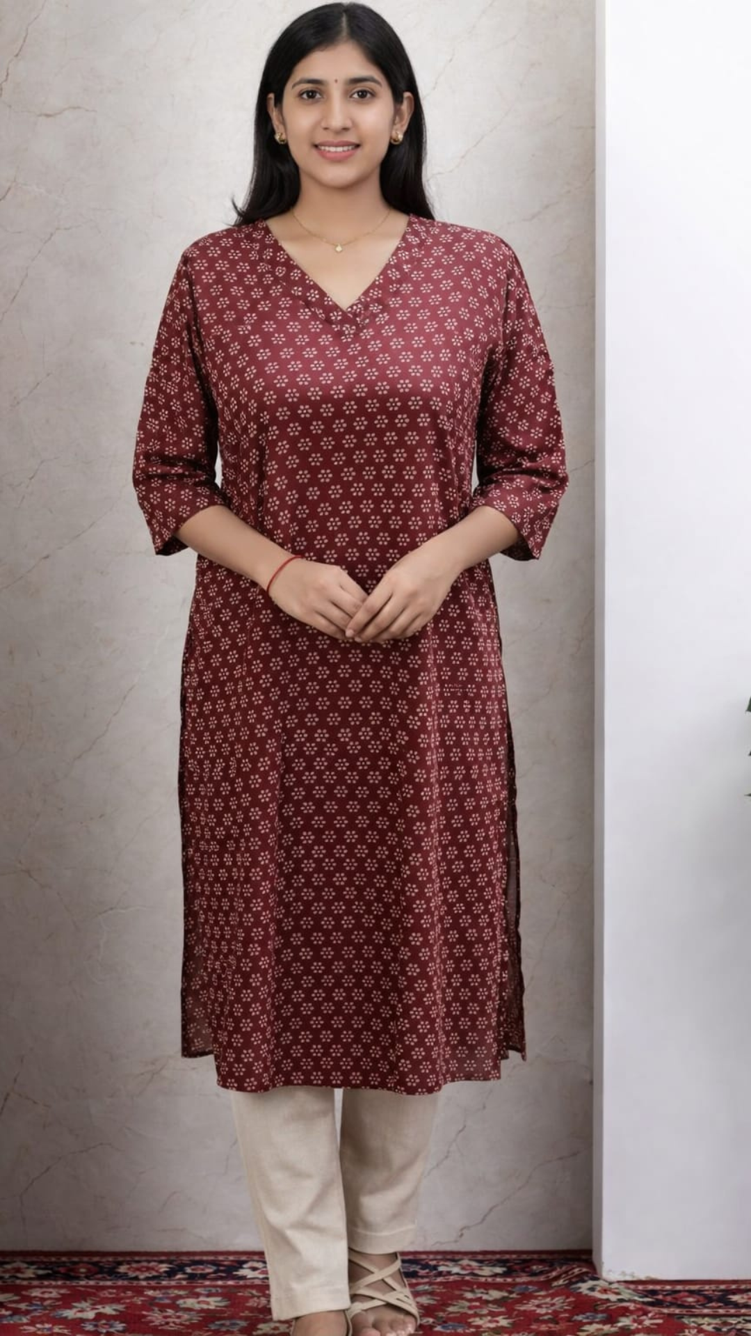 Brown Printed Cotton Side Slit Kurta (Only Kurta)