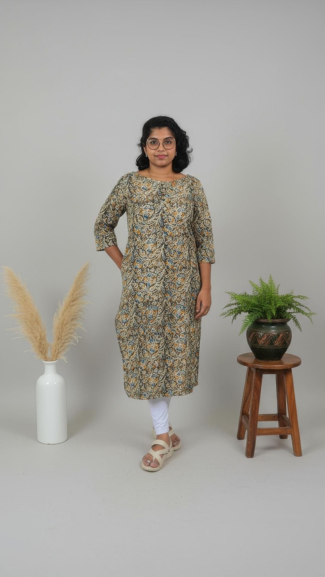 Mehandi Green Kalamkari  Printed Cotton Side Slit Kurta (Only Kurta)