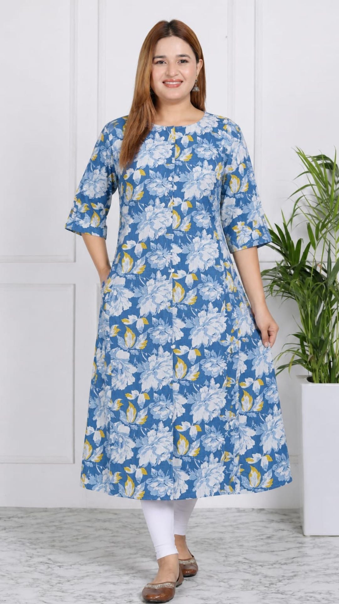 Blue  Printed Cotton Princess Cut Side Closed Kurta  (Only Kurta)