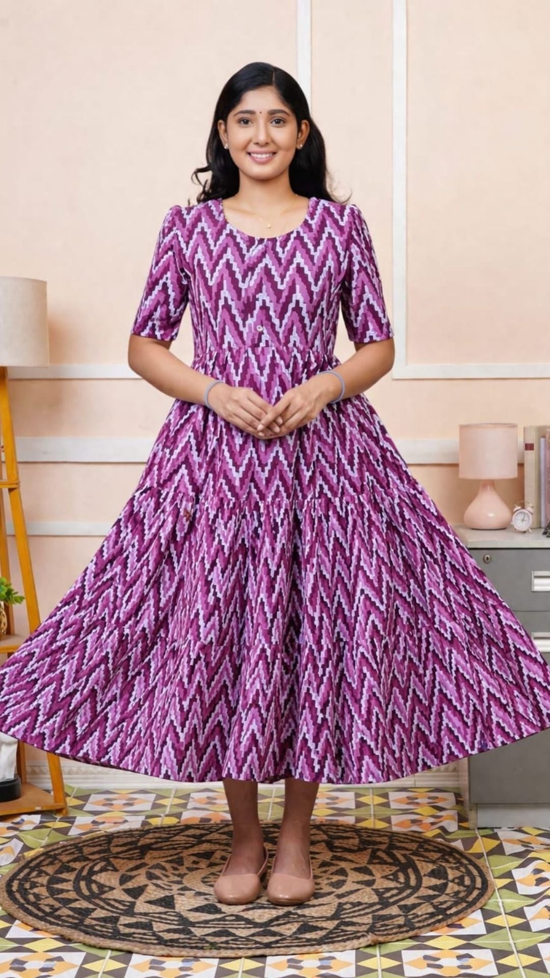 Purple Hand block Cotton Three Tier Maxi
