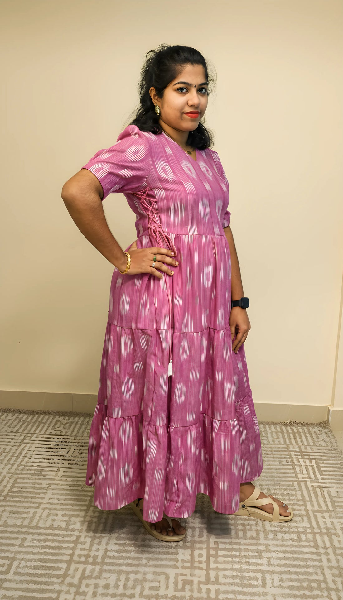 Light Lavender Ikkat Cotton Three Tier Maxi with Adjustable Side Corsets