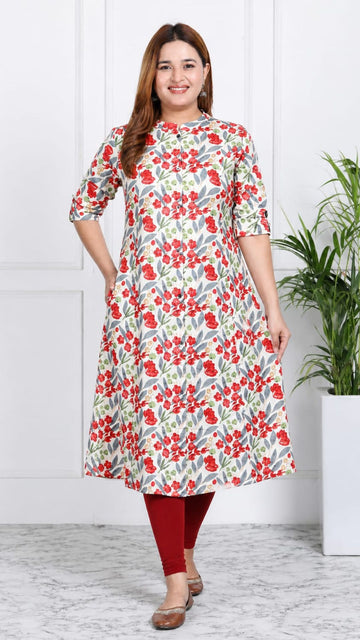 Half White Printed Cotton Princess Cut Side Closed Kurta  (Only Kurta)