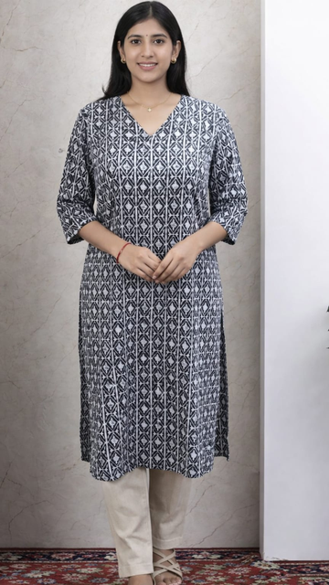 Black  Printed Cotton Side Slit Kurta (Only Kurta)